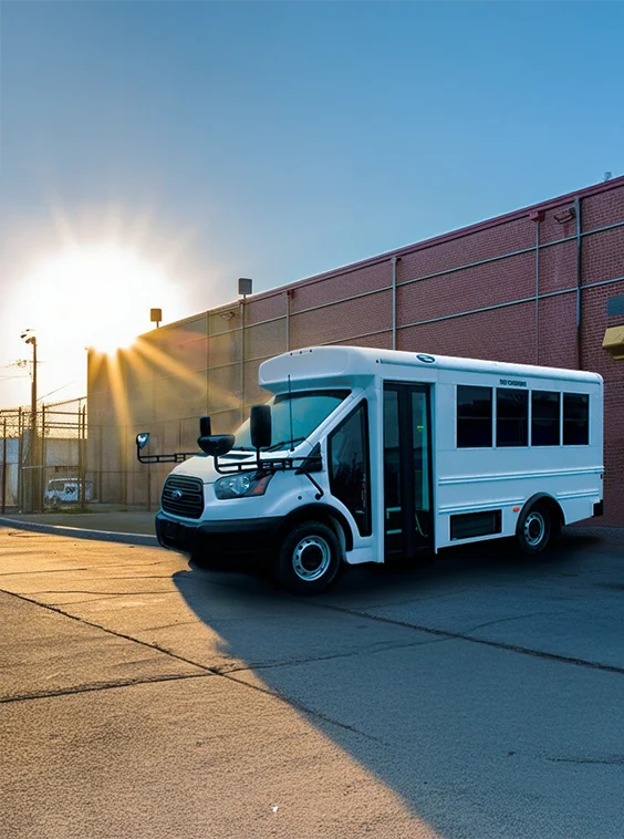 White shuttle bus parked next to a prison near Boston